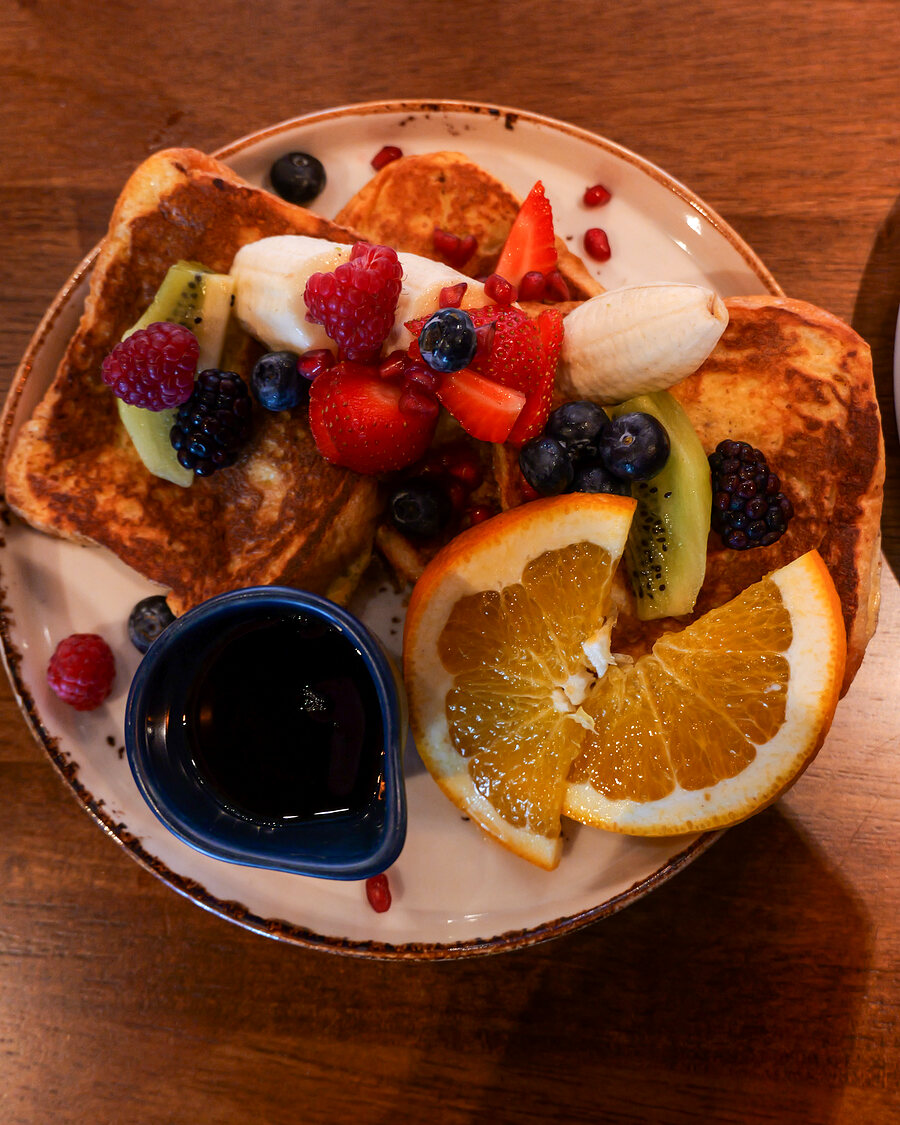 Pancakes, berries, maple